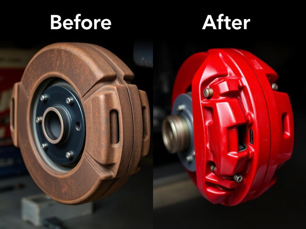 Before and after: rusted brake caliper restored to bright red