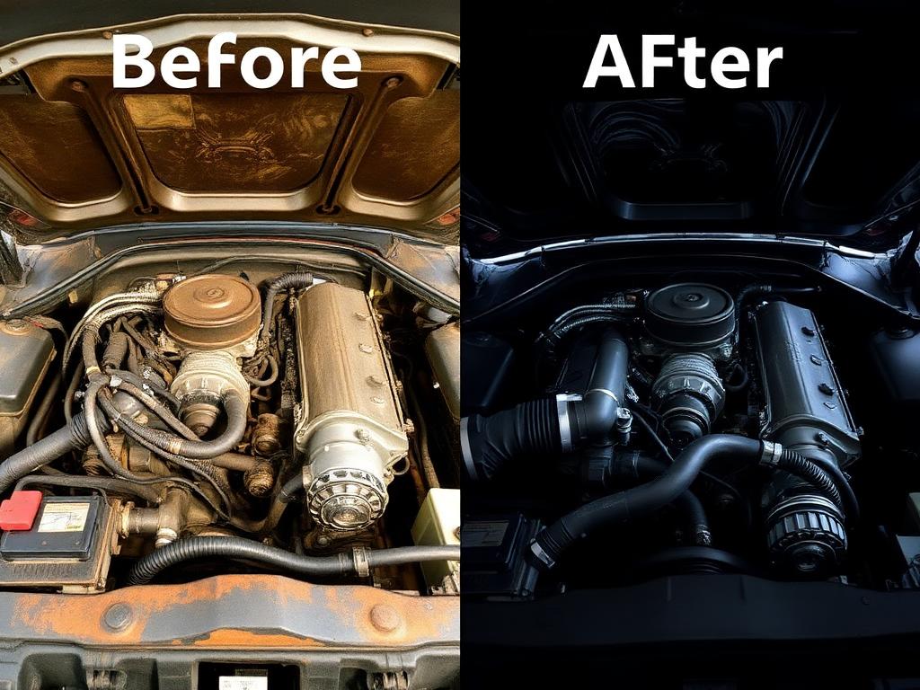 Before and after: dirty engine bay cleaned and detailed